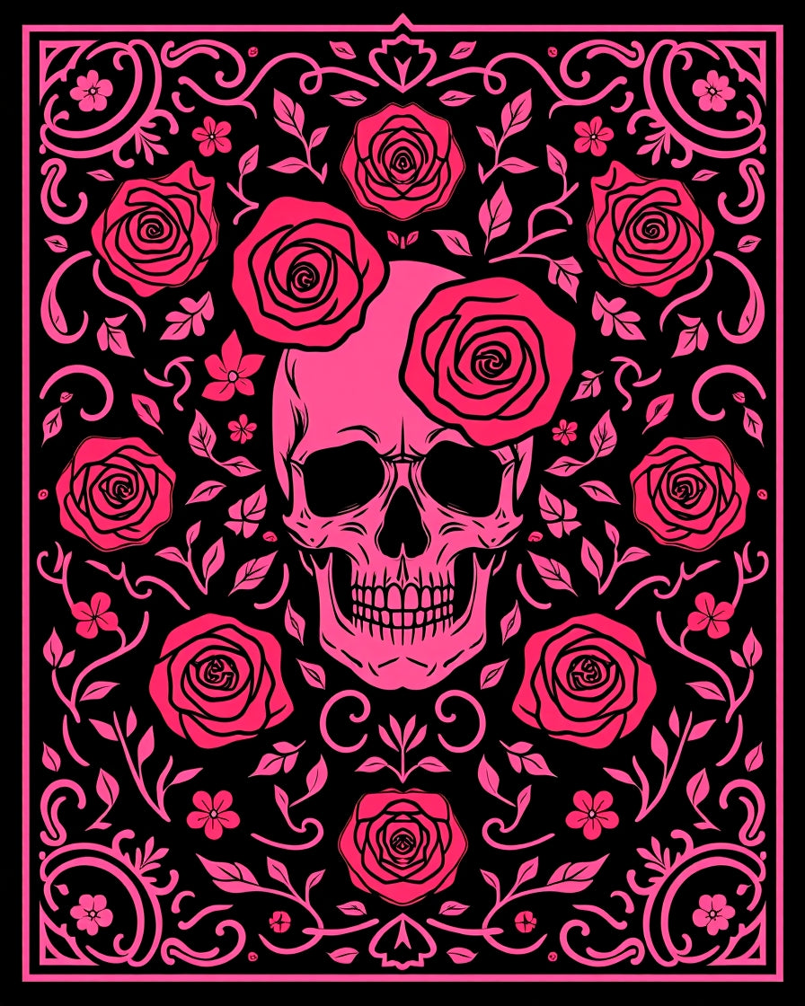 Pink Skull Roses Ornate Vine Rug