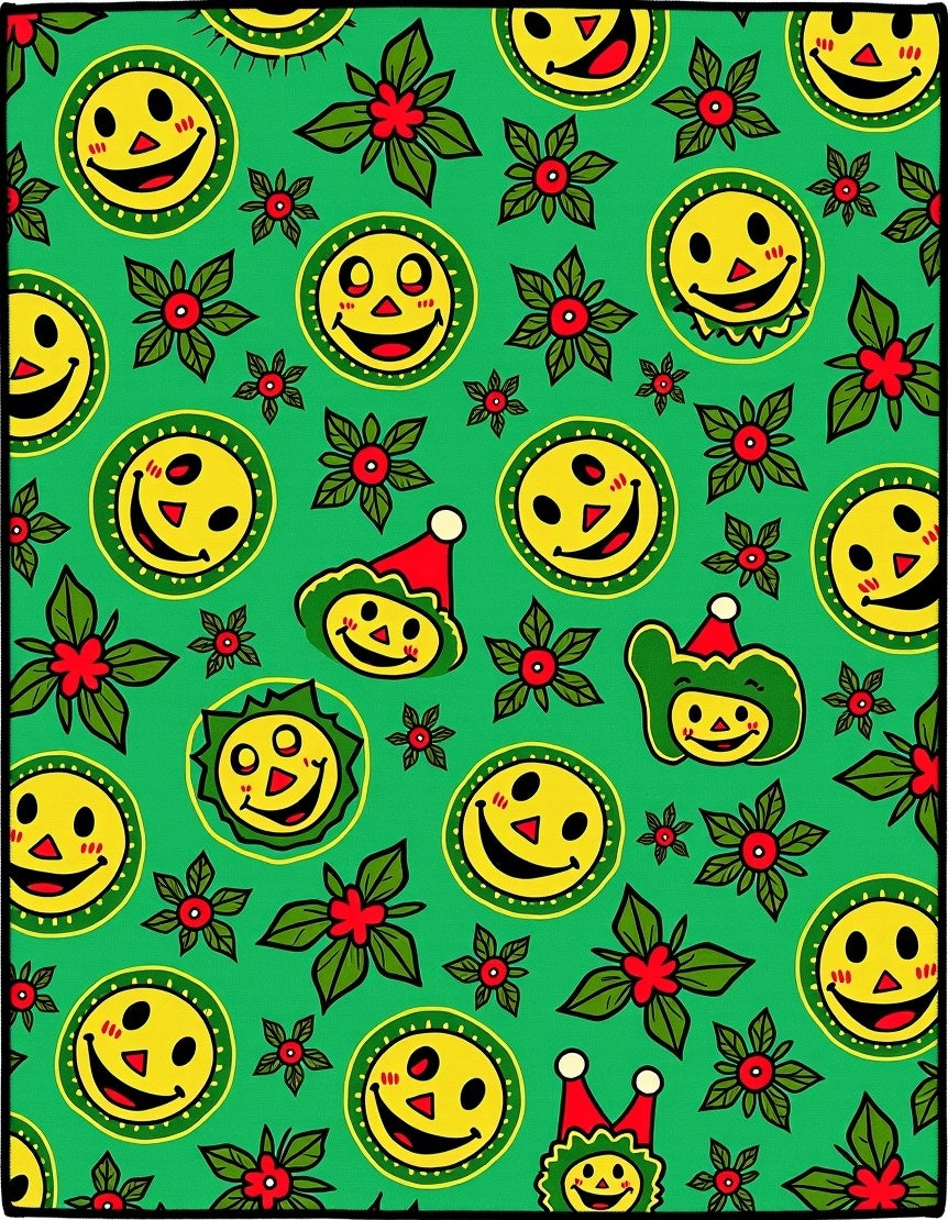 Whimsical Smiley Face Christmas Floral Rug