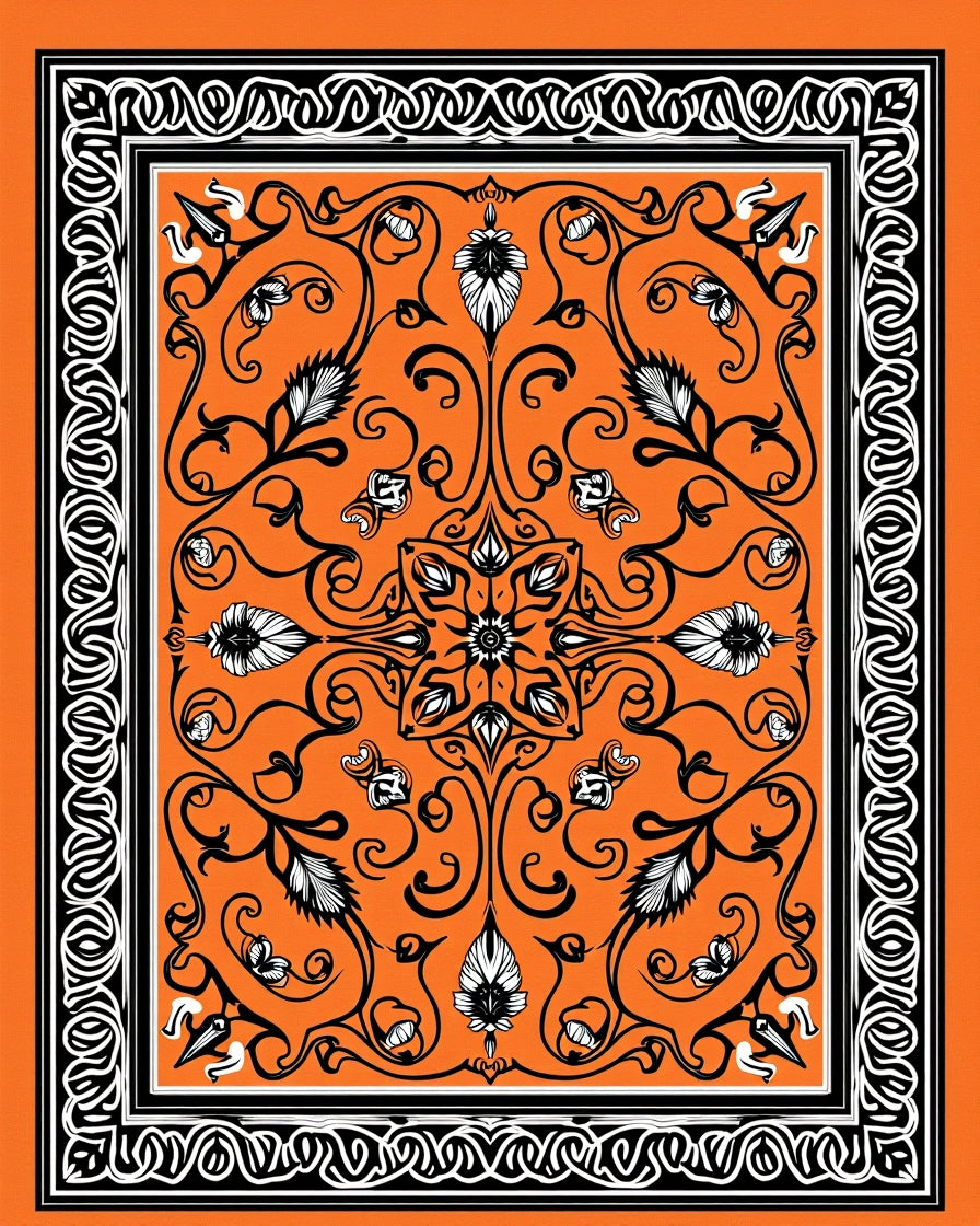 Vibrant Orange Floral Scroll Border Rug