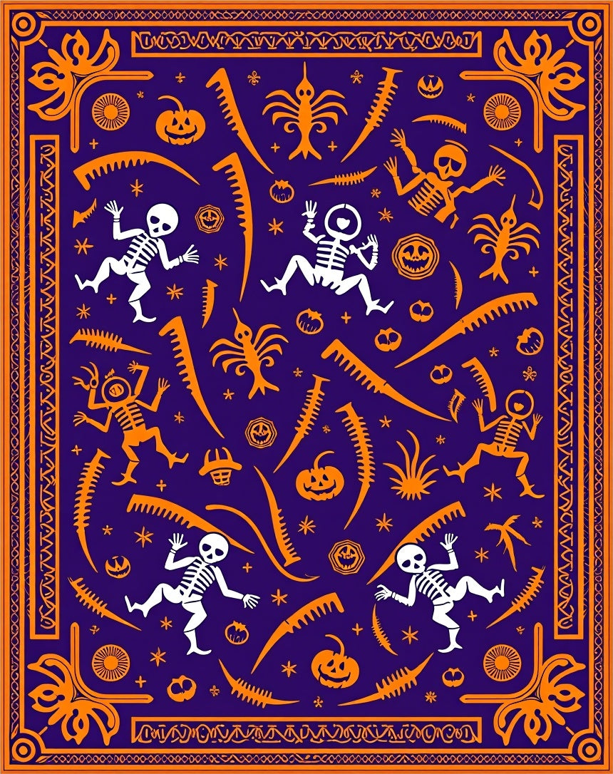 Orange Halloween Skeleton Pumpkin Border Rug