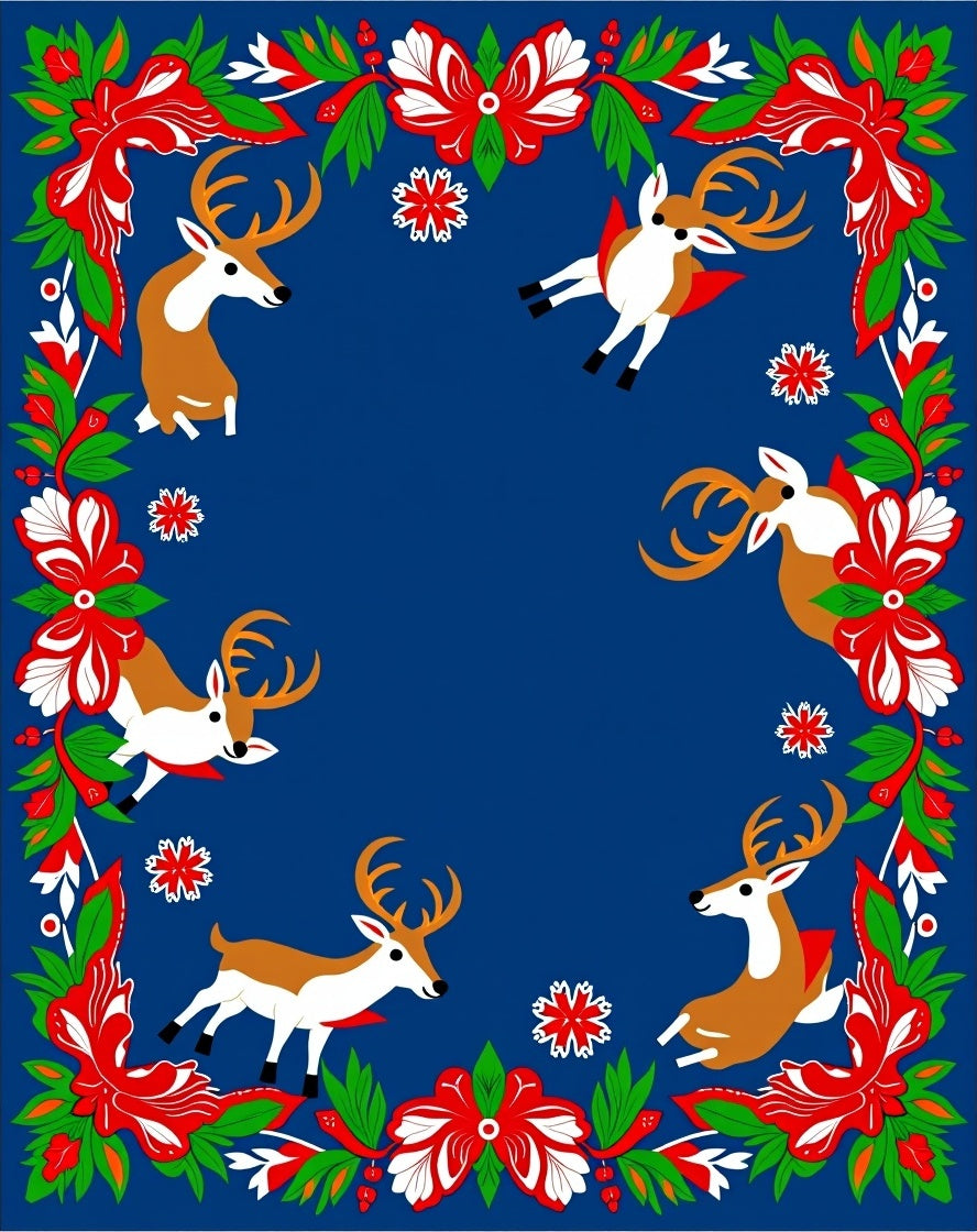 Red Floral Reindeer Snowflakes Border Rug