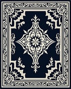 Midnight Navy Ivory Damask Frame Rug