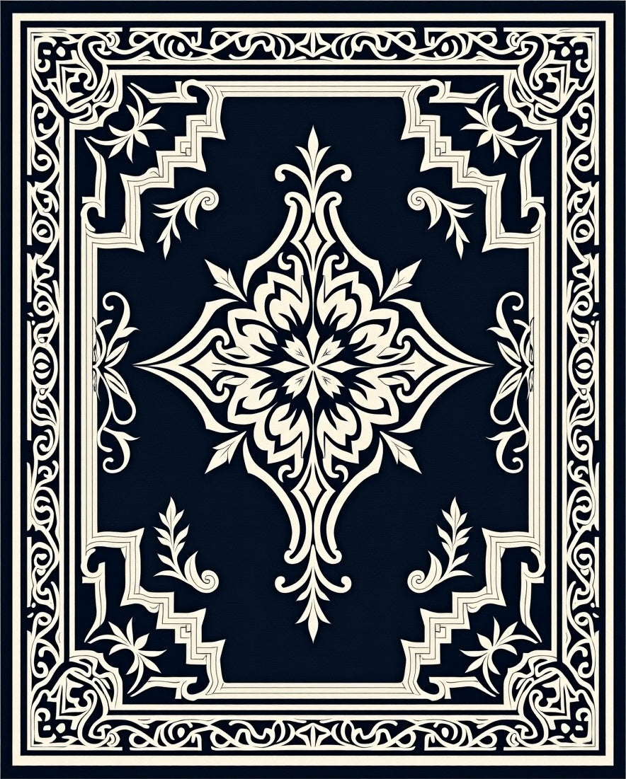 Midnight Navy Ivory Damask Frame Rug