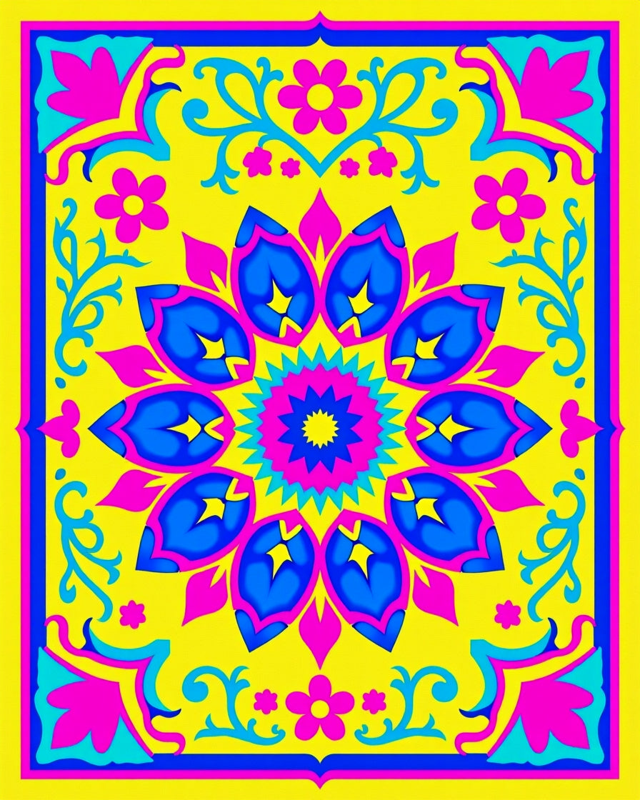 Vibrant Yellow Blue Pink Floral Mandala Rug