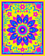 Vibrant Yellow Blue Pink Floral Mandala Rug