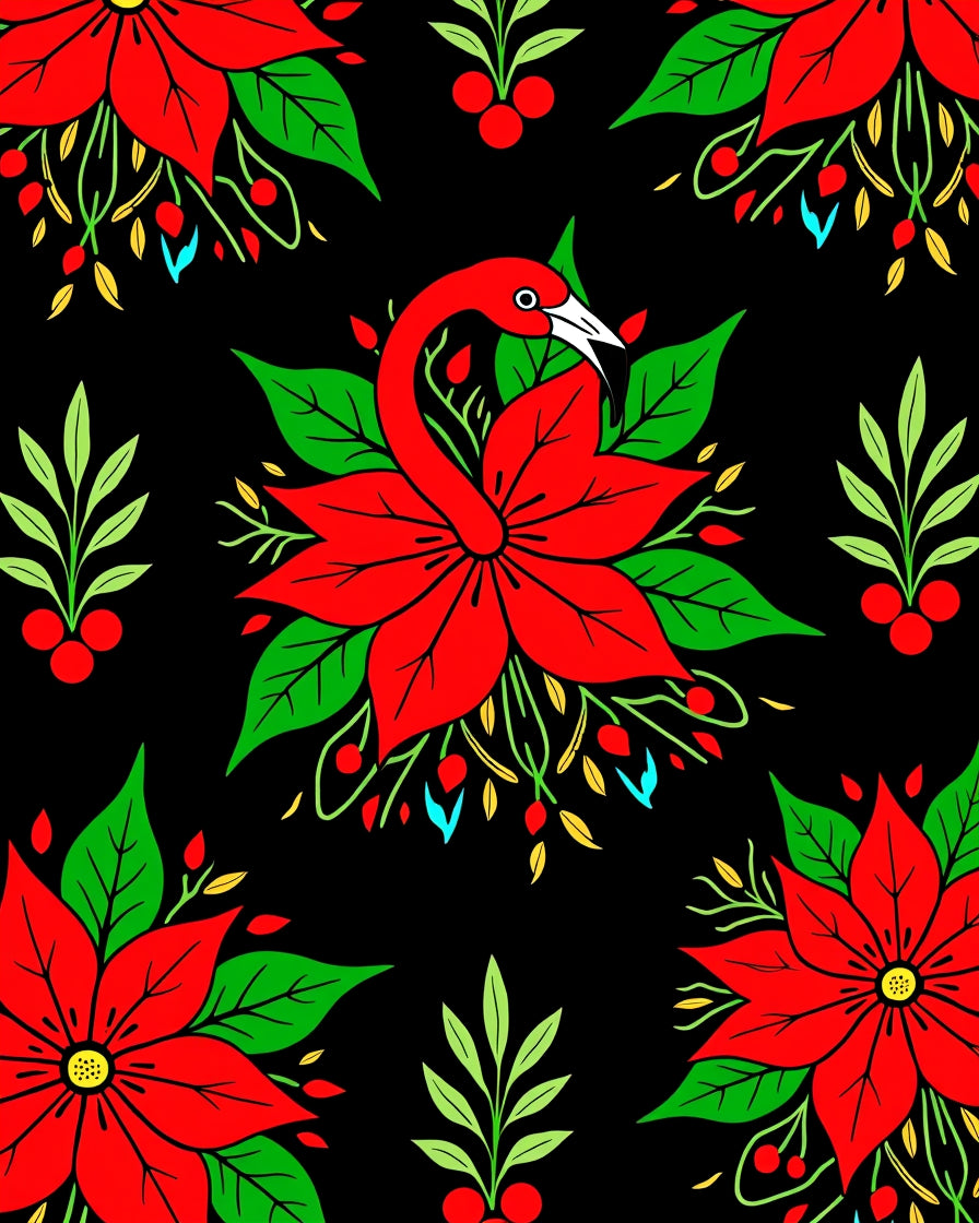 Fanciful Red Flamingo Poinsettia Garland Rug