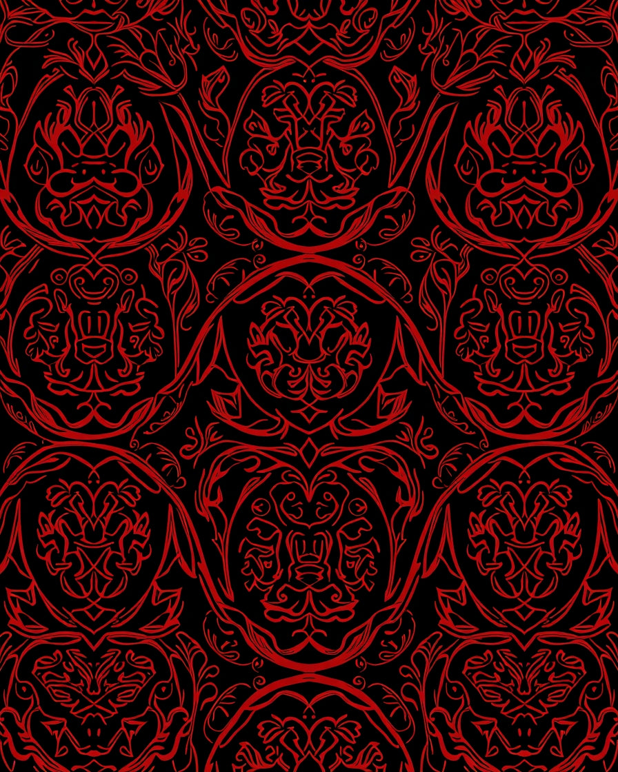 Crimson Red Ornate Damask Rug