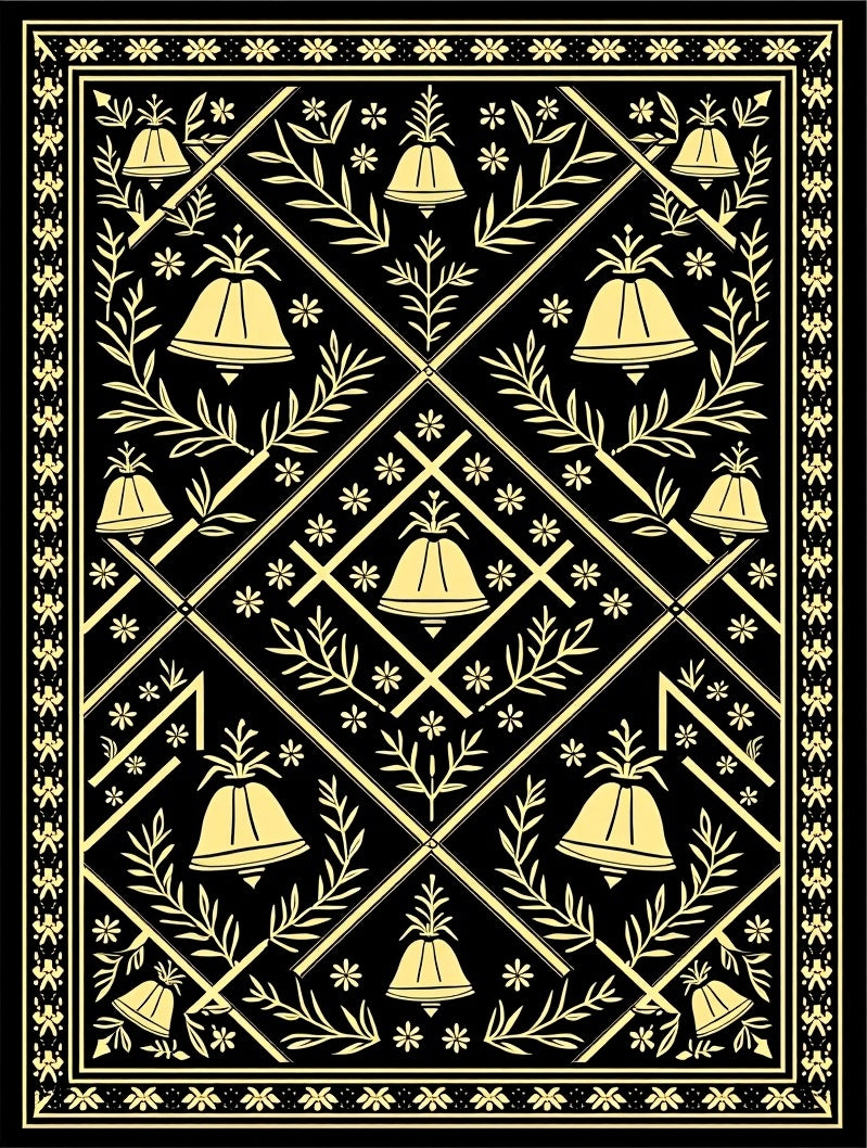 Black and Gold Bell Floral Lattice Rug