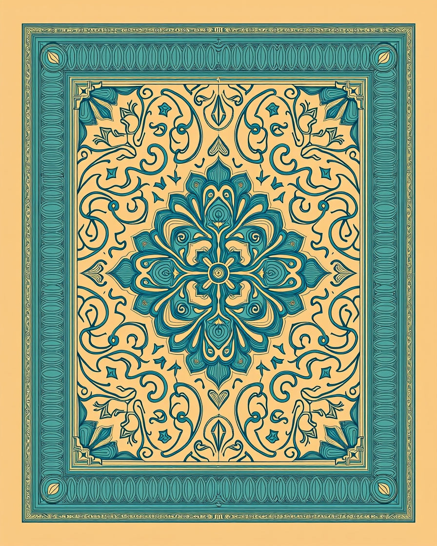 Teal Floral Medallion Cream Border Rug