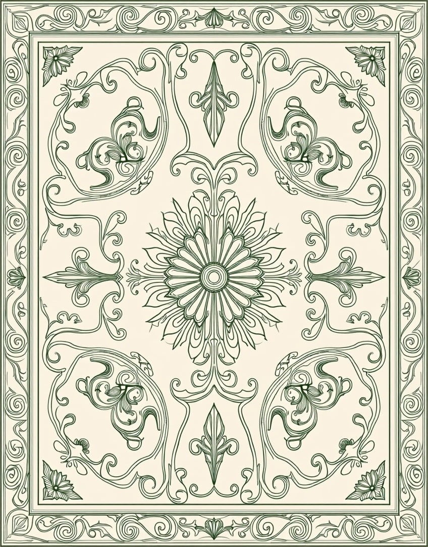 Cream Green Swirling Floral Medallion Rug