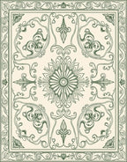 Cream Green Swirling Floral Medallion Rug