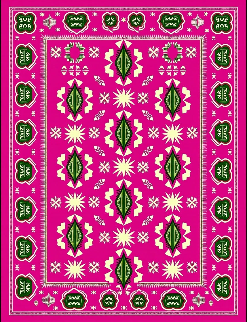 Vibrant Pink Green Diamond Starburst Rug