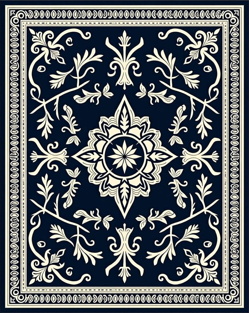 Navy Cream Floral Medallion Scroll Rug