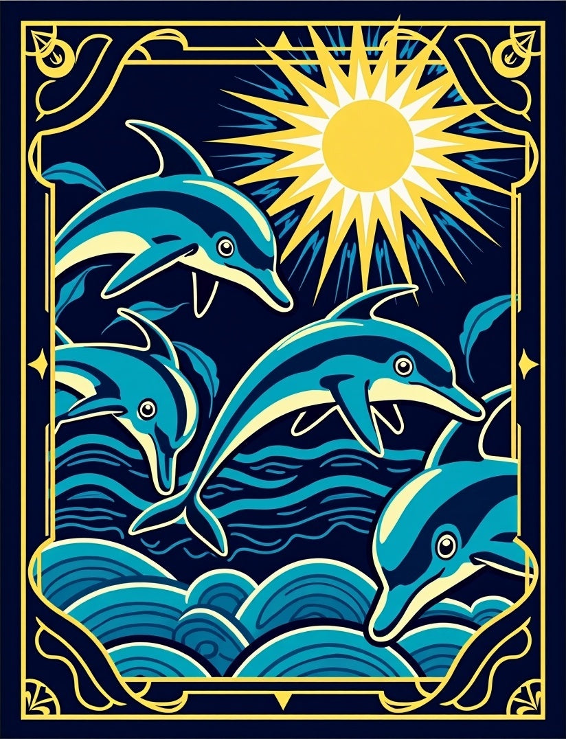 Golden Sun Dolphins Ocean Waves Rug