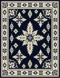 Classic Dark Blue Cream Floral Medallion Rug