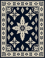 Classic Dark Blue Cream Floral Medallion Rug