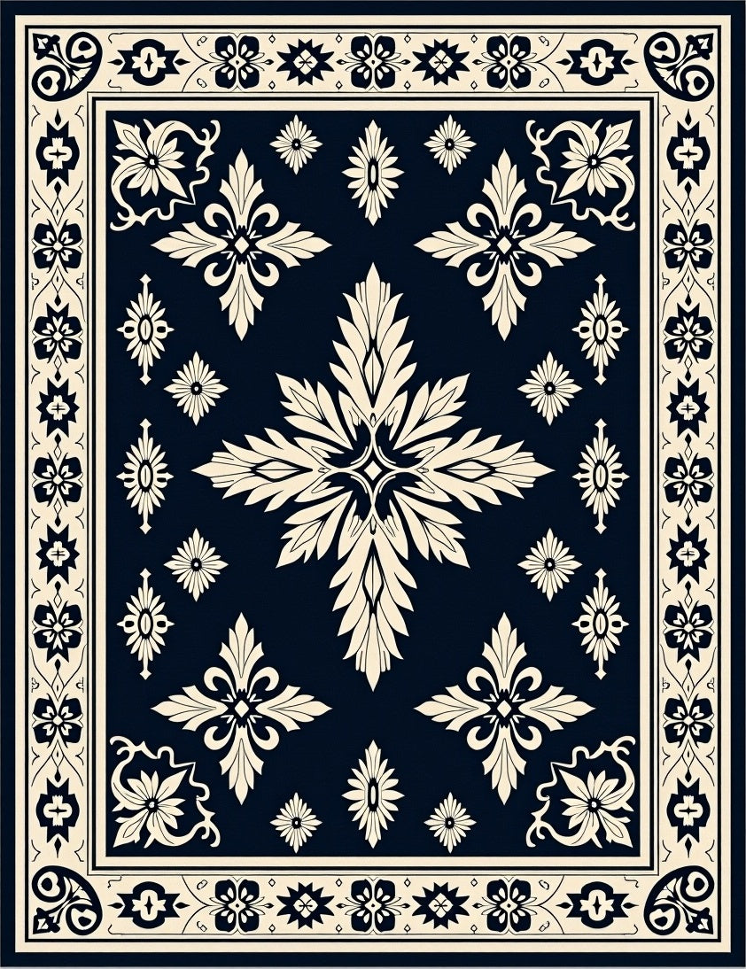 Classic Dark Blue Cream Floral Medallion Rug