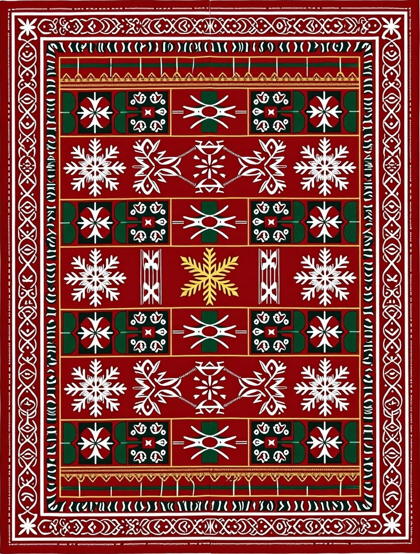 Crimson Red White Snowflake Medallion Rug