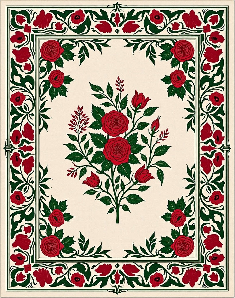 Crimson Rose Garden Floral Border Rug