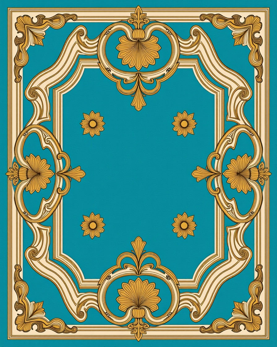 Ornate Turquoise Golden Floral Frame Rug