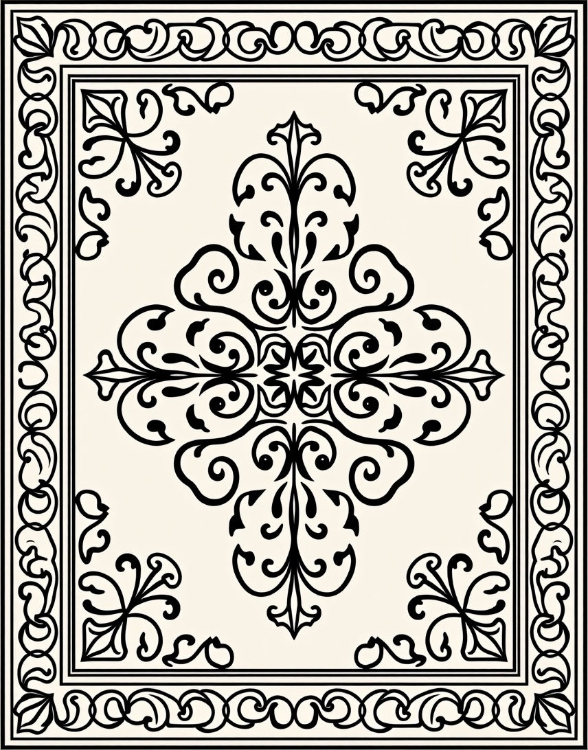 Ornate Cream Black Floral Medallion Rug