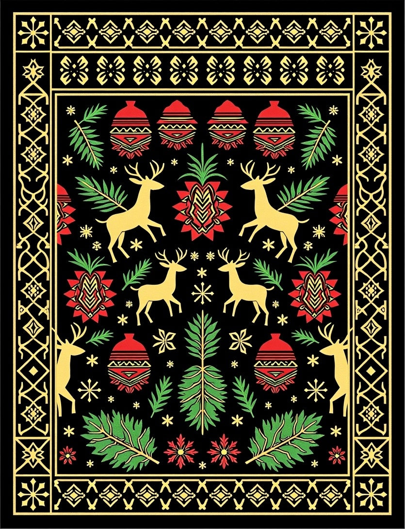 Golden Reindeer Red Green Festive Christmas Rug