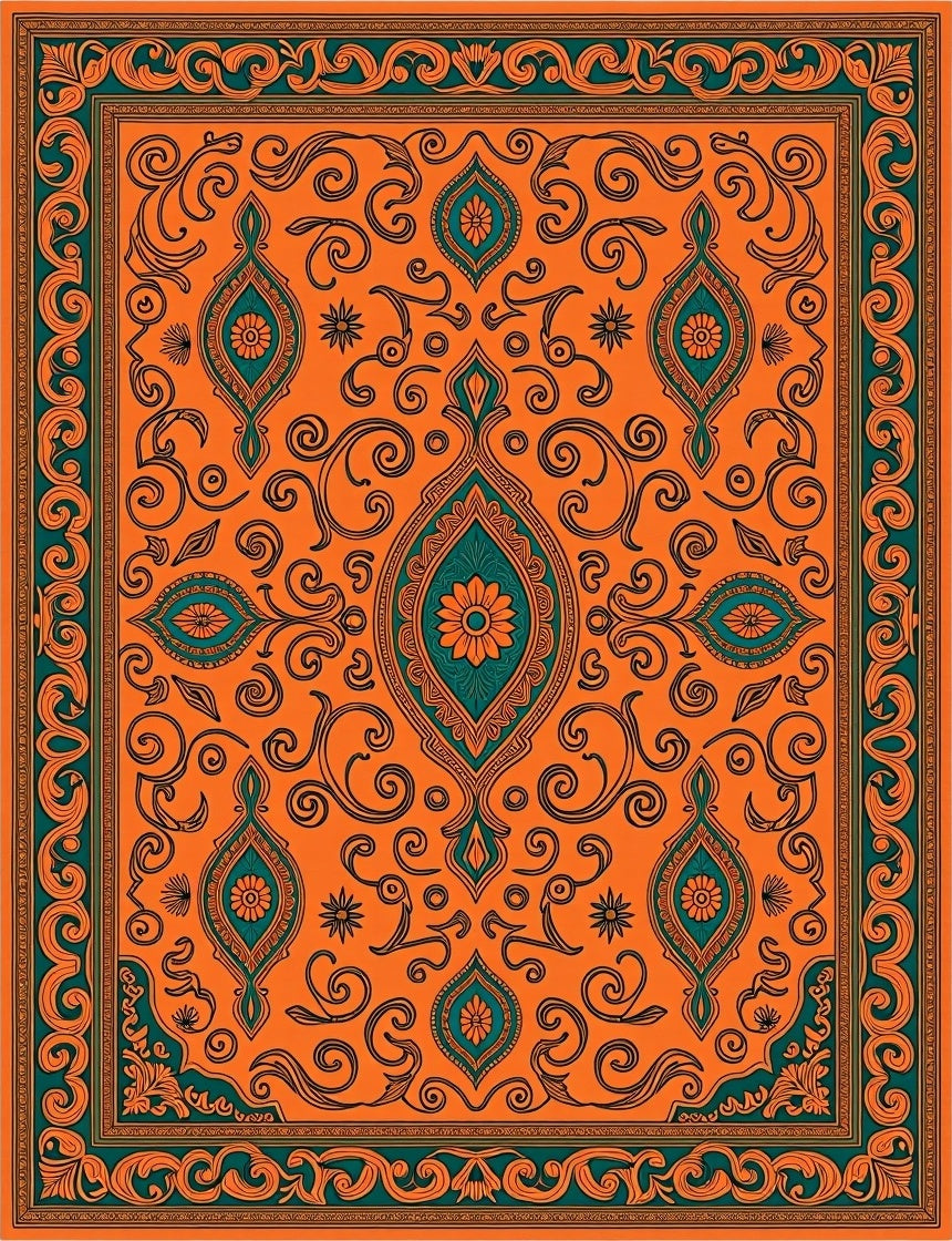 Vibrant Orange Teal Medallion Swirls Rug