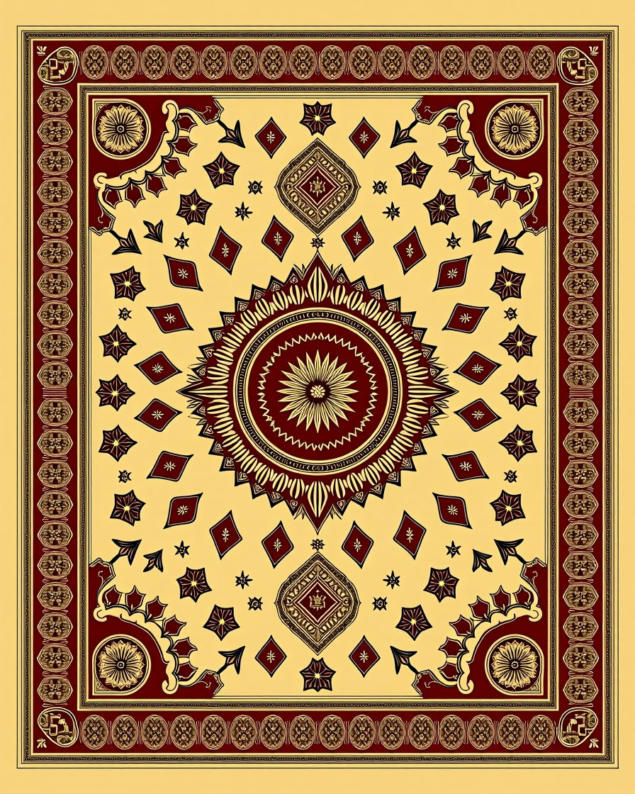Maroon Medallion Sunburst Cream Rug