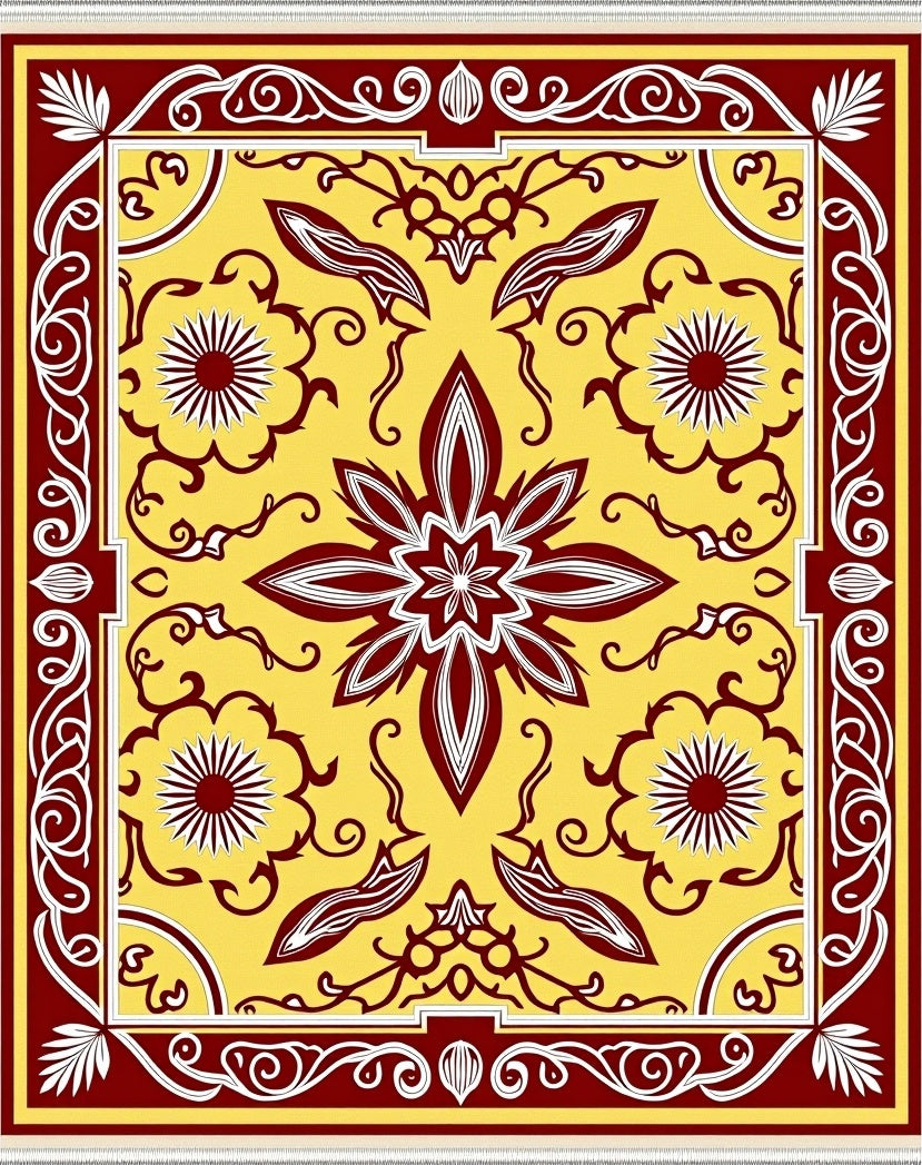 Crimson White Yellow Floral Medallion Rug