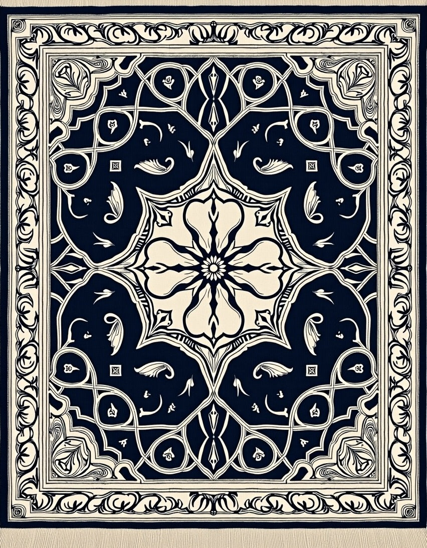 Navy Cream Floral Arabesque Rug