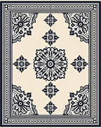 Black Floral Border Cream Centerpiece Rug