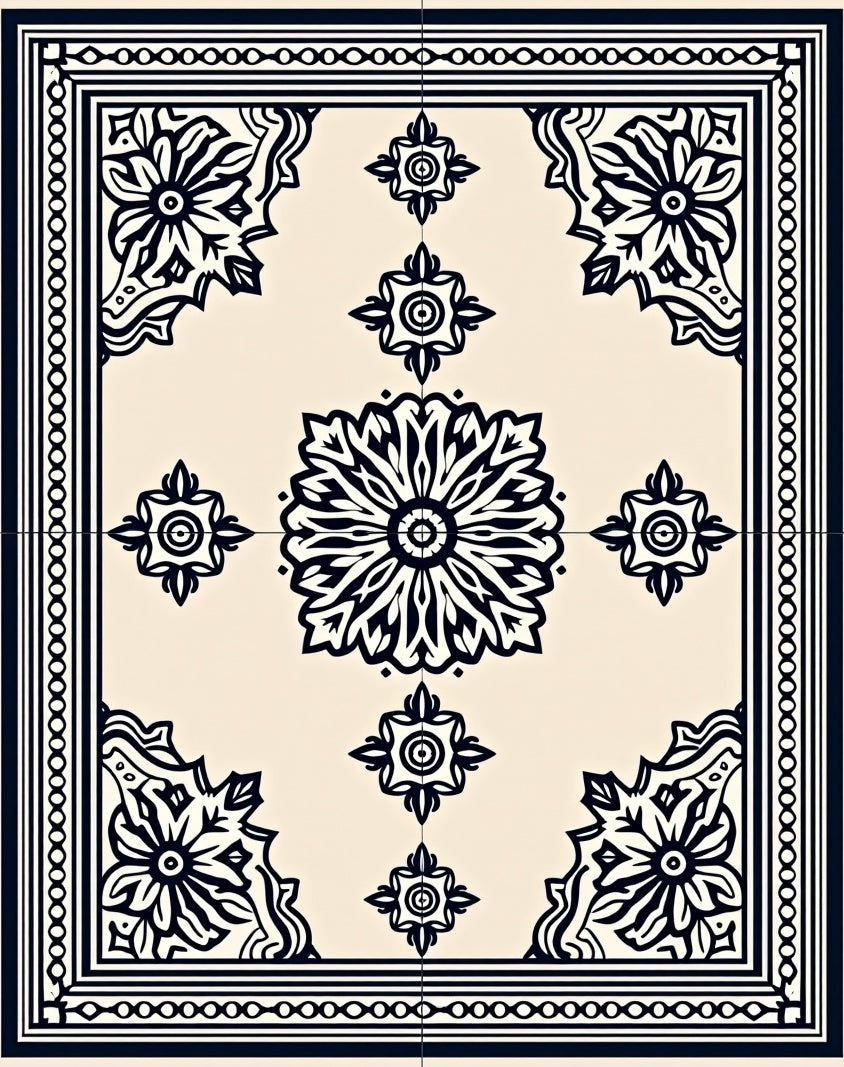 Black Floral Border Cream Centerpiece Rug
