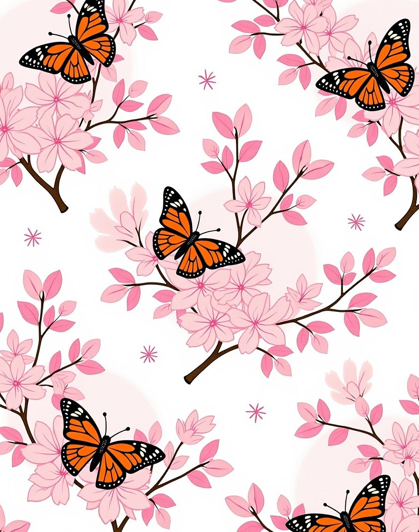 Pink Cherry Blossom Orange Monarch Butterflies Rug