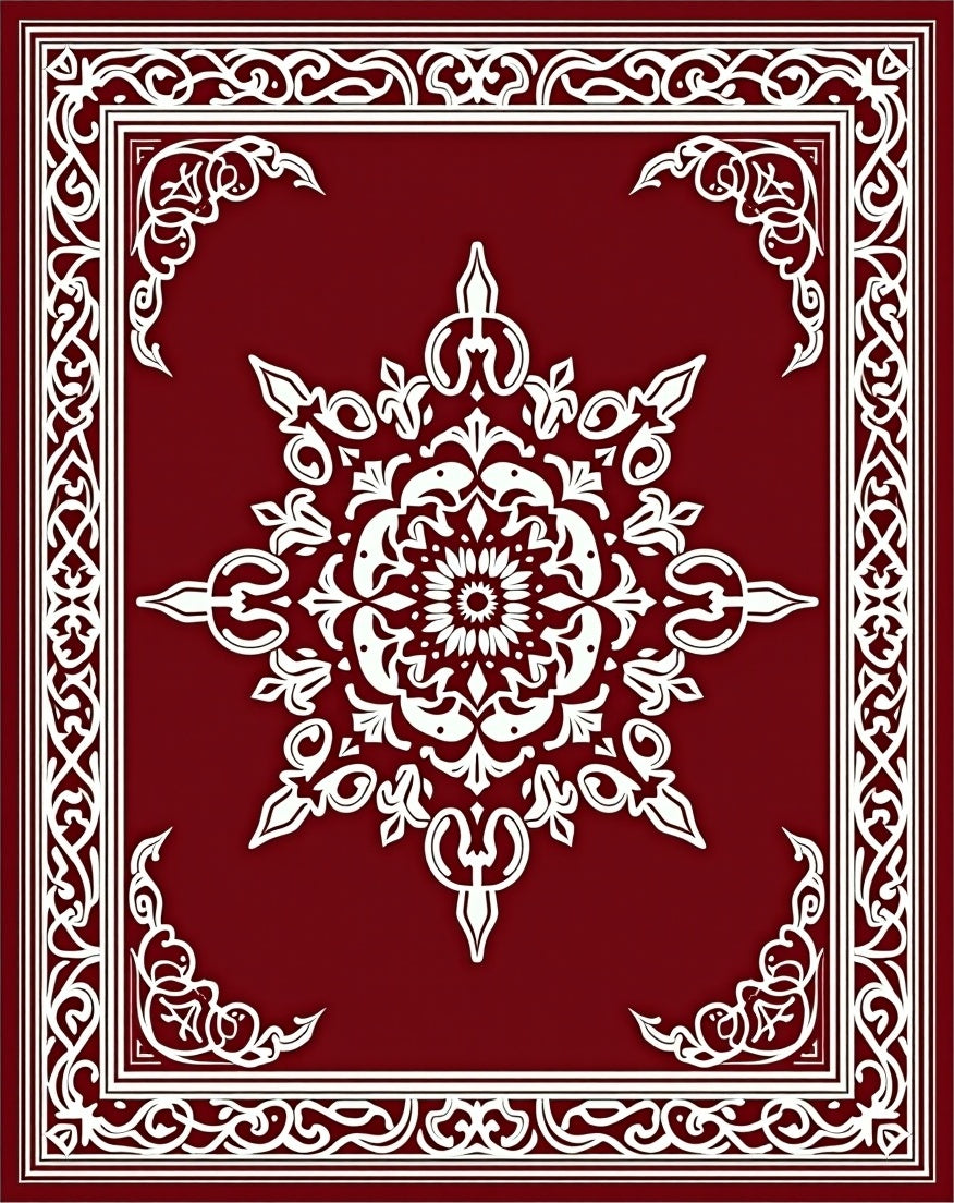 Ornate Crimson Mandala Border Rug