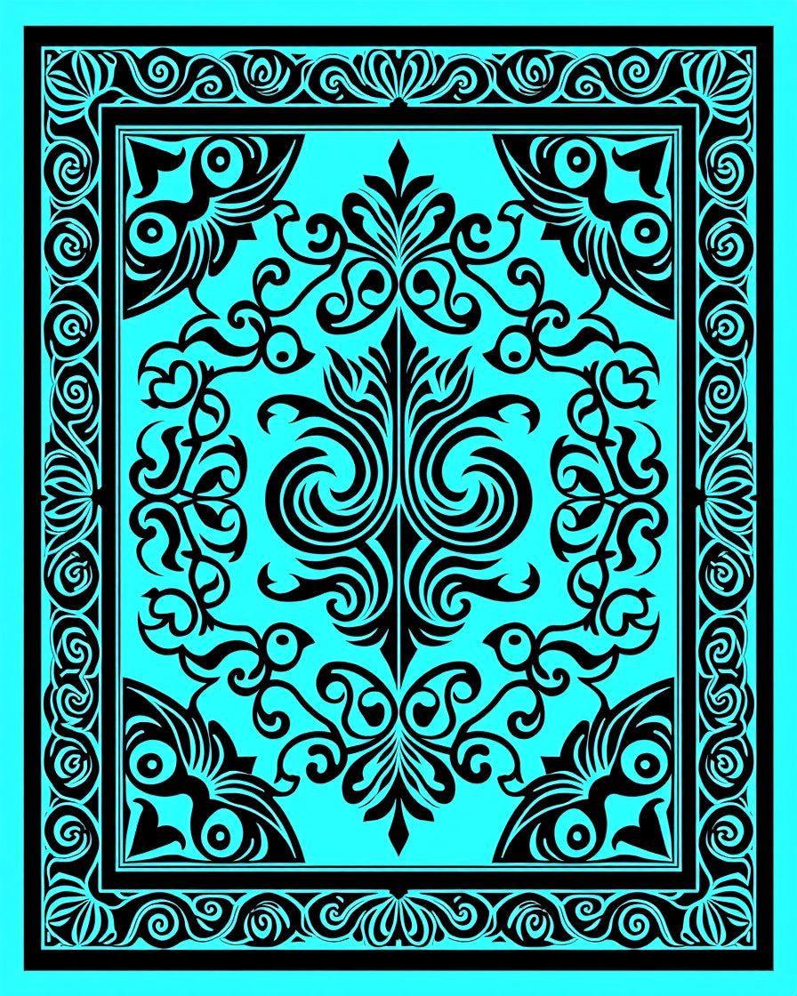Ornate Turquoise Black Floral Border Rug