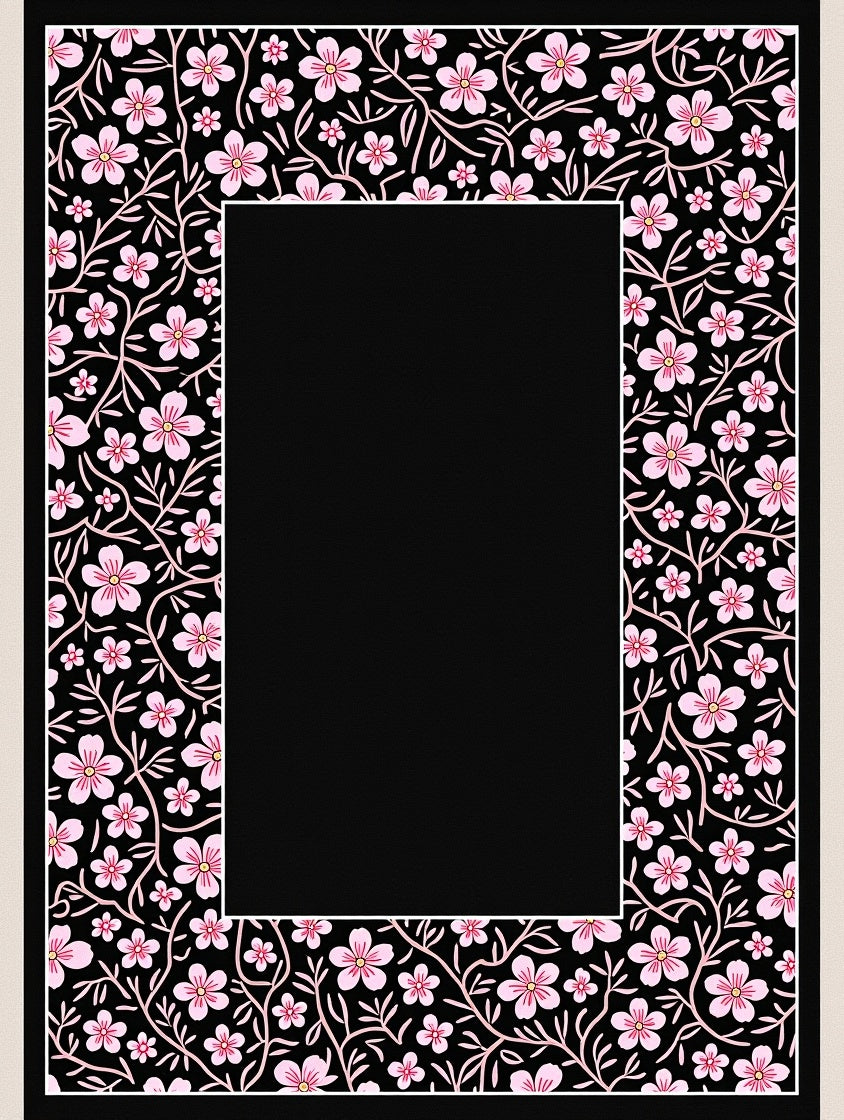Petal Pink Floral Vines Black Rug