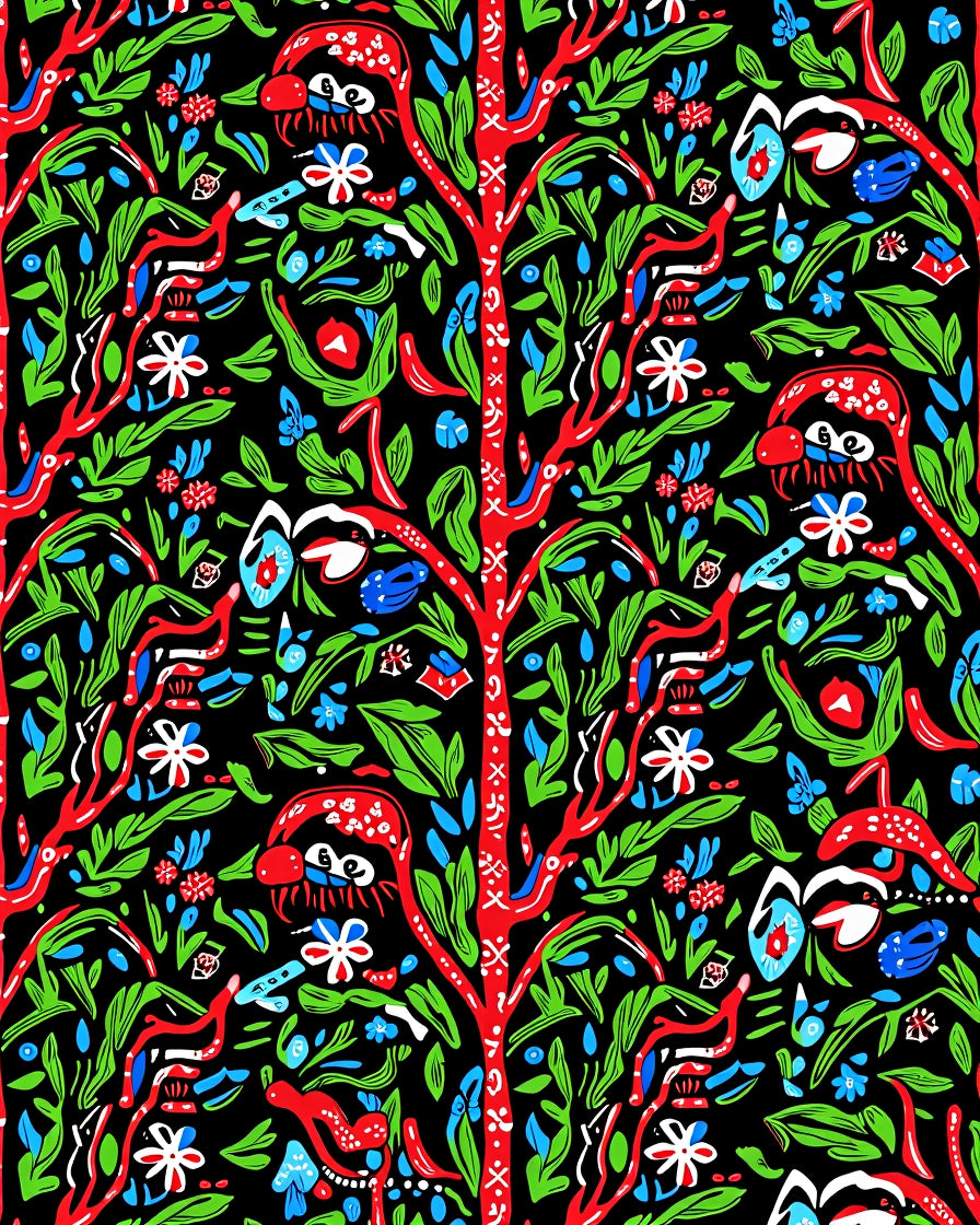 Whimsical Red Green Blue Folk Art Nature Rug