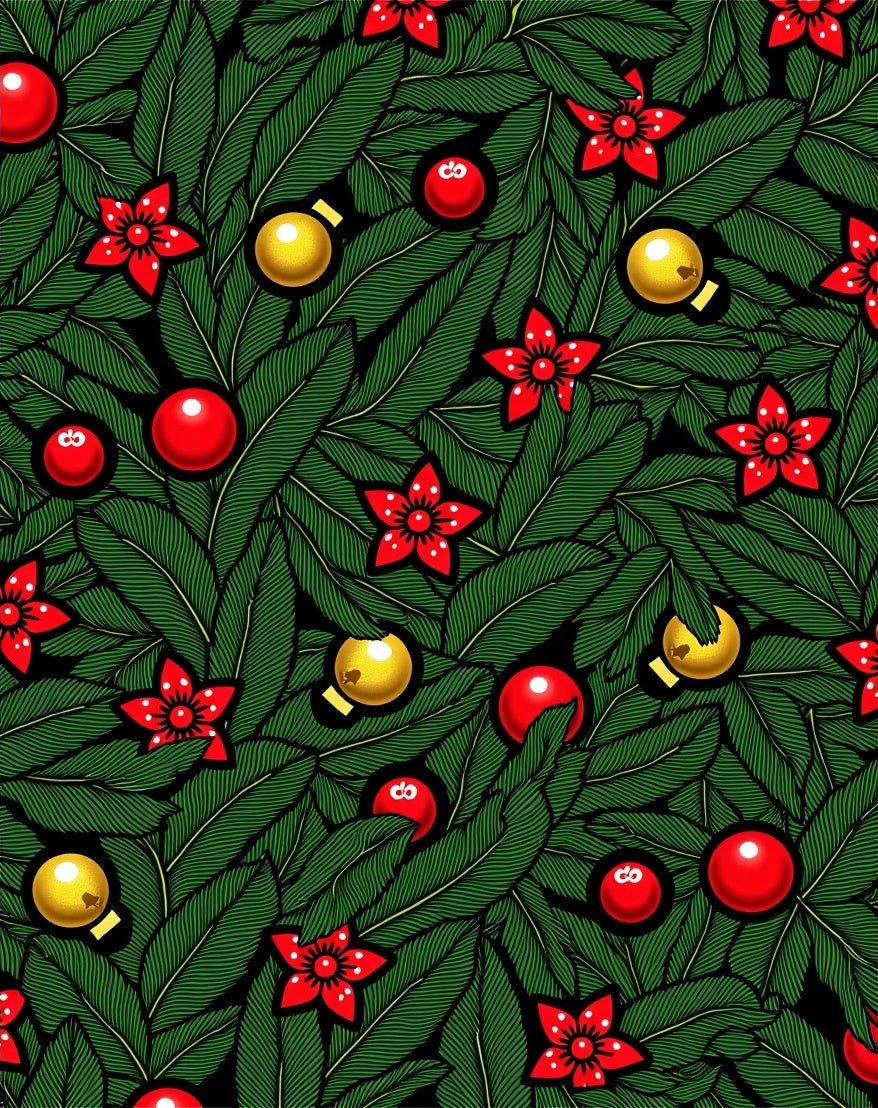 Festive Green Pine and Red Ornaments Rug