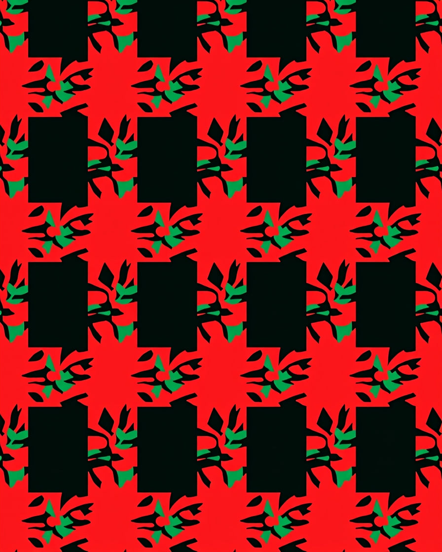 Crimson Black Abstract Floral Grid Rug