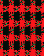 Crimson Black Abstract Floral Grid Rug