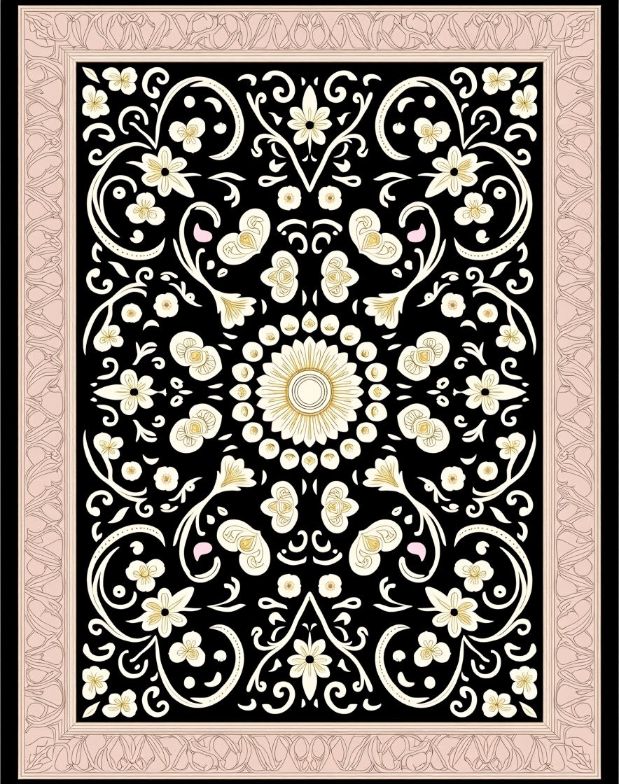 Cream Floral Swirls Black Border Rug