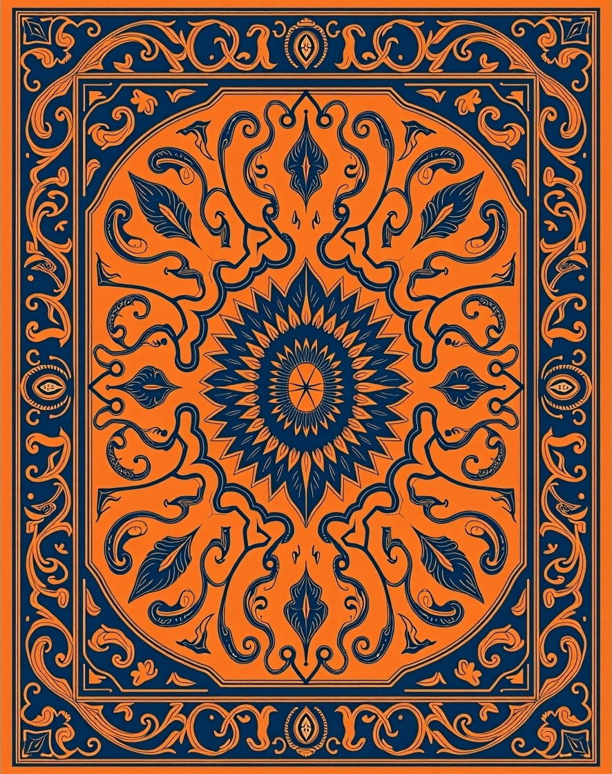 Orange Navy Floral Sunburst Medallion Rug