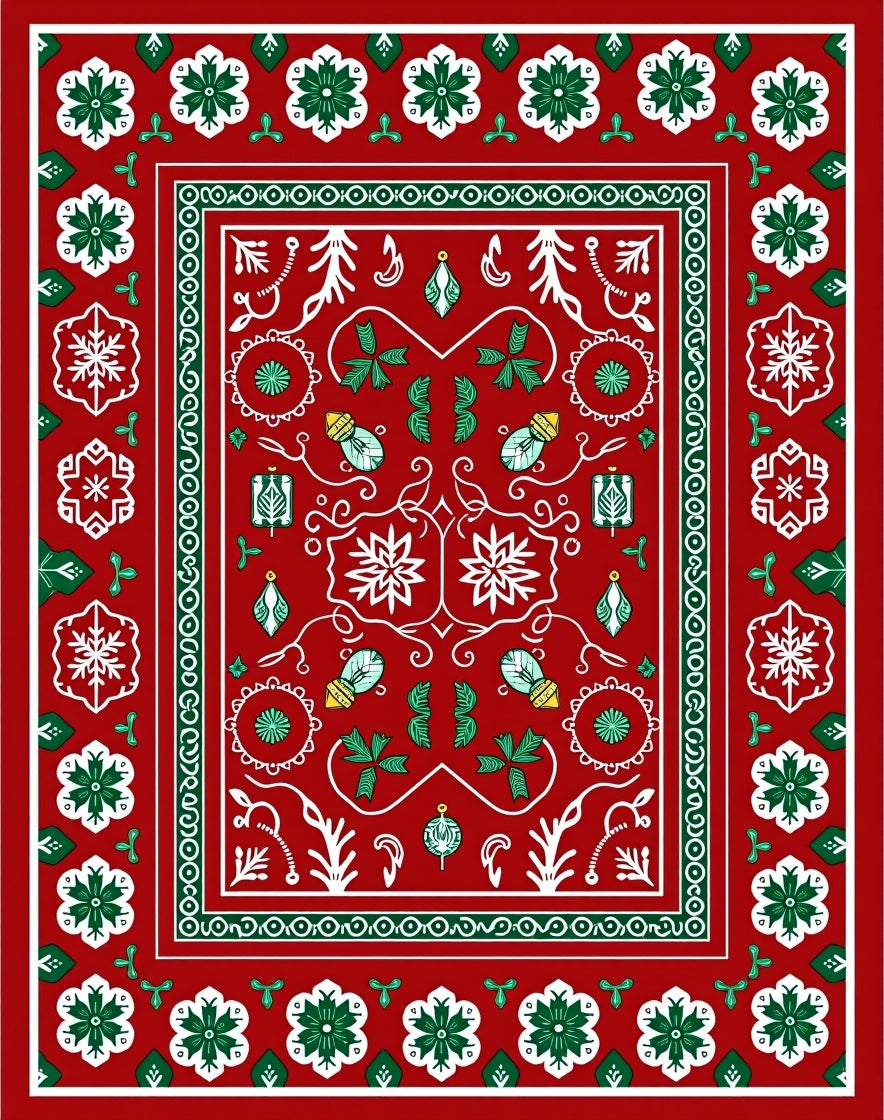 Red Green White Holiday Christmas Ornaments Rug