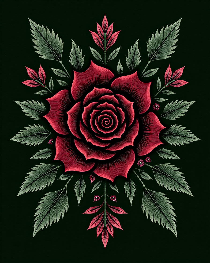 Crimson Rose Botanical Illustration Rug