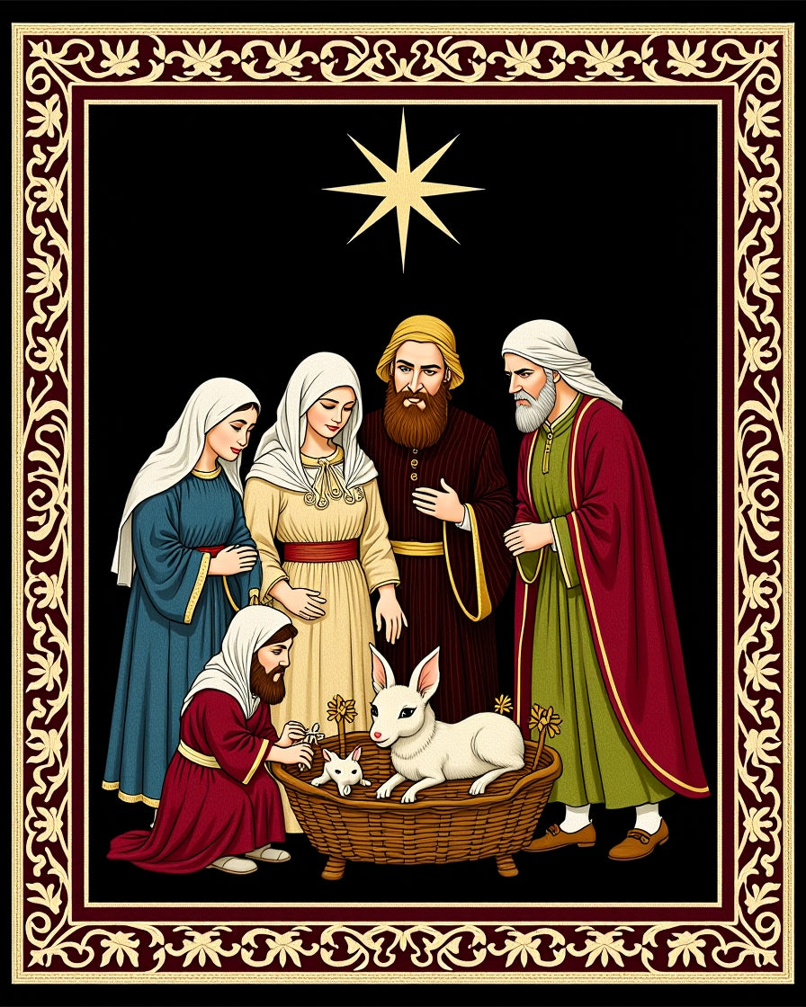 Crimson Nativity Star With Rabbits Rug