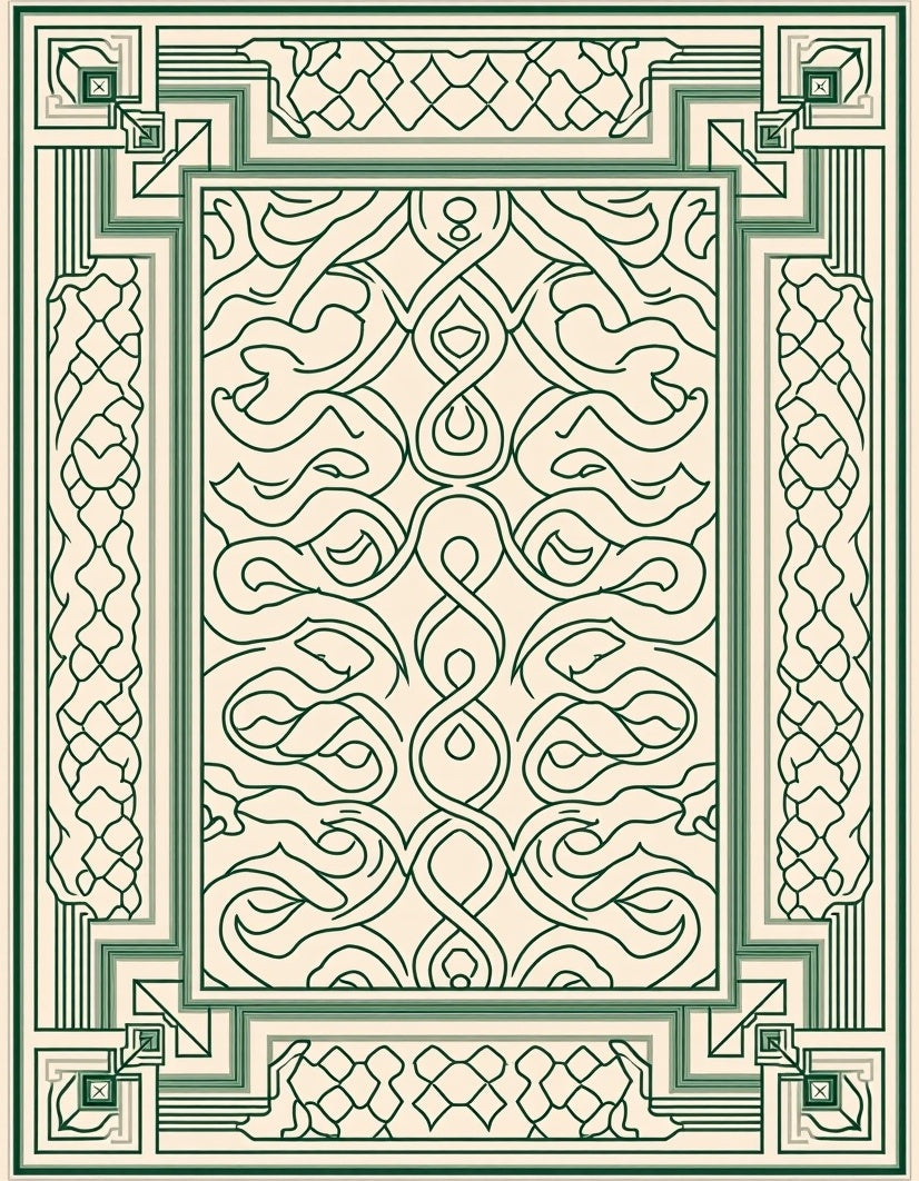 Cream Green Interlocking Curve Border Rug