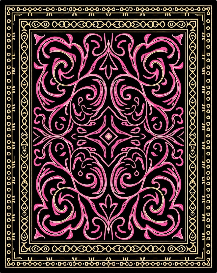Pink Swirl Floral Black Golden Border Rug