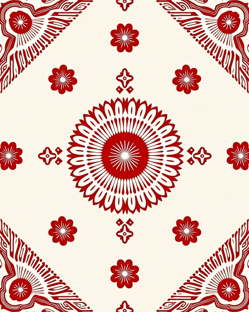 Vibrant Red Floral Mandala Cream Rug