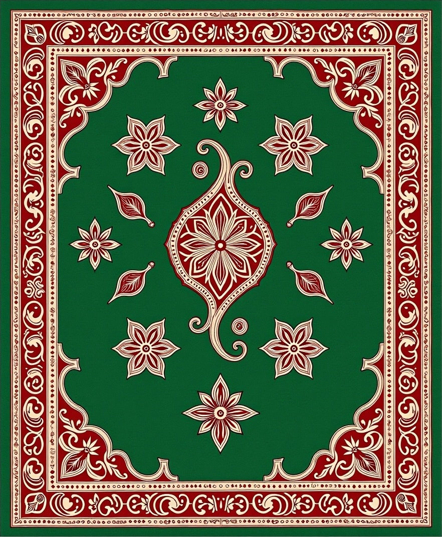 Crimson Green Floral Arabesque Border Rug