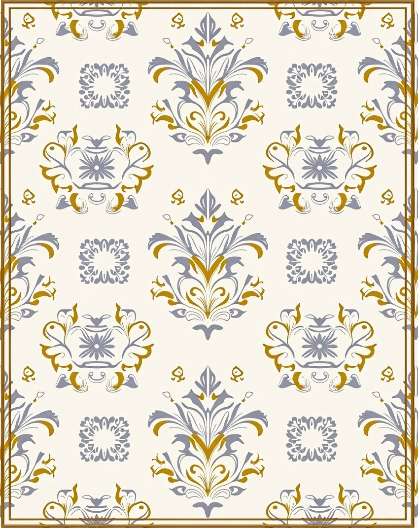 Cream Blue Gold Damask Accents Rug